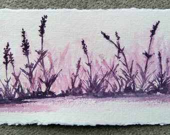 Original botanical lavender landscape, watercolor panoramas