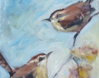 Original Wren Pair Oil Painting, Bird Art (8x10)