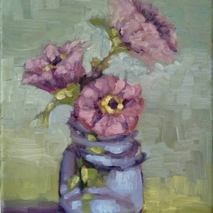 Original pink zinnia and mason jar oil painting, flower stillife