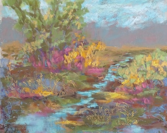 Original soft pastel river in the woods landscape painting, waterway landscape drawing