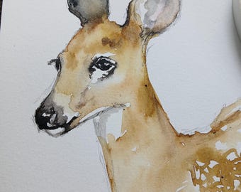 Original Fawn Watercolor Painting, Baby Deer Art (9x6)