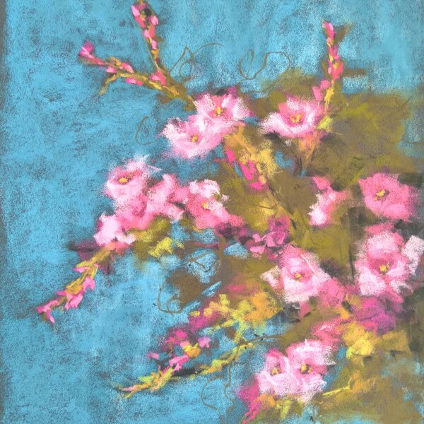 Original apple blossom pastel painting, pink artwork