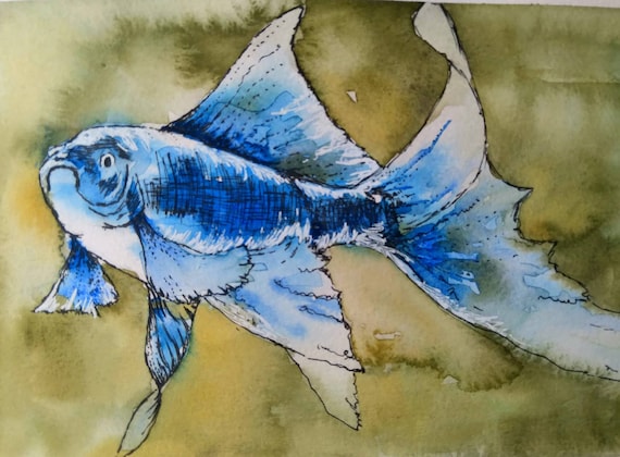 Original Blue Koy Fish Watercolor Ink Painting, Blue Fish Painting, Fish  Watercolor Painting 