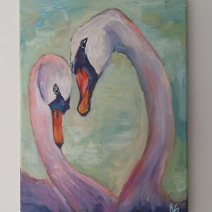 Original swan oil painting, waterfowl paintings, pink art