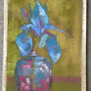 Original blue iris flower pastel painting, floral artwork