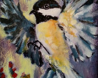 Original chickadee in flight acrylic painting, birds and berries artwork, wildlife painting