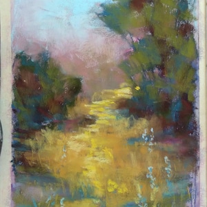 Original soft pastel yellow grass meadow landscape painting, vertical landscape drawing