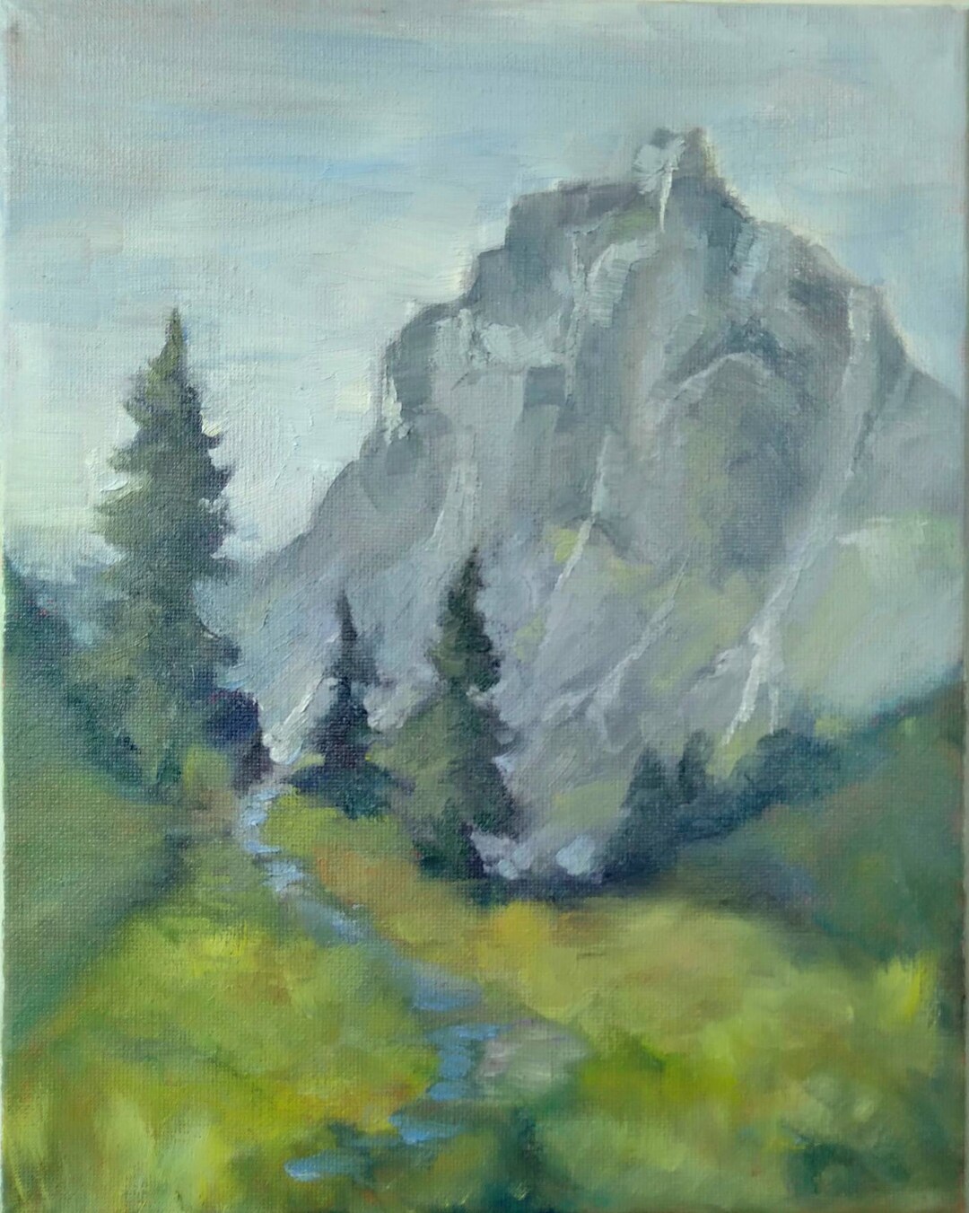Original impressionist mountain oil painting, mountain landscape ...