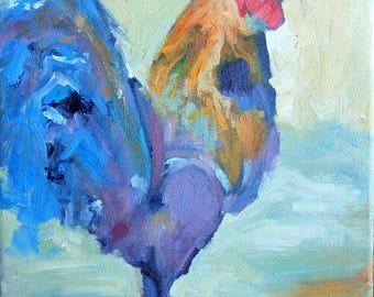 Original Rooster Oil Painting, Barnyard Art (9x12)