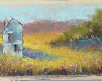Original soft pastel little blue house in the valley landscape painting, panoramic landscape drawing
