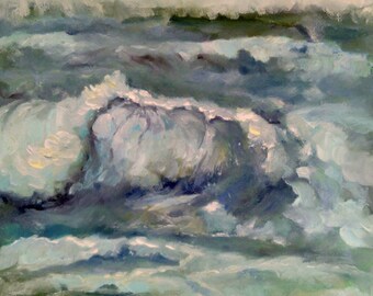 Original blue wave in the ocean oil painting, majestic ocean scene