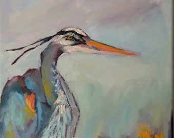 Original Blue heron oil painting, tall blue bird oil painting, waterbird art