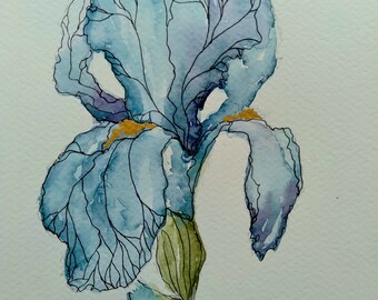Original Blue Iris Watercolor Painting with Gold Ink, 9x6 Floral Art
