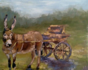 Original donkey and cart oil painting, horse artwork, mule foal paintings, wildhorse painting