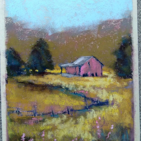 Original soft pastel yellow and green landscape painting, pink barn landscape drawing