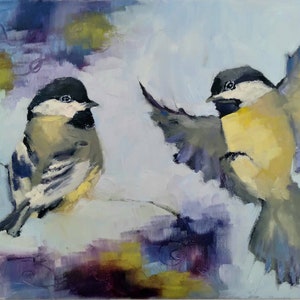 Original chickadee oil painting, chickadee bird painting, multiple chickadees on canvas