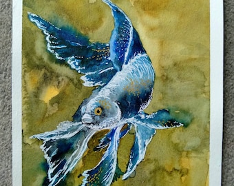 Original Koi Fish Watercolor Ink Painting with Gold