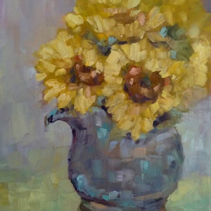 Original sunflower still life oil painting, yellow flower art, flower and vase painting