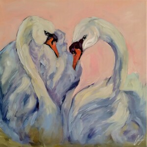 Original swan oil painting, waterfowl paintings, pink art