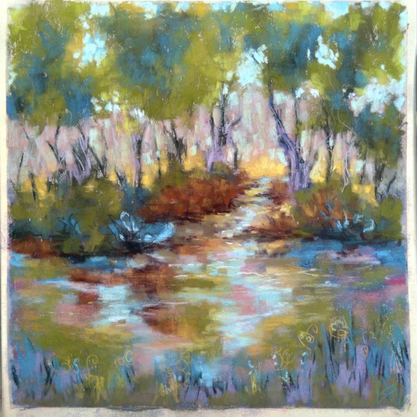 Original soft pastel river in the woods landscape painting, waterway landscape drawing