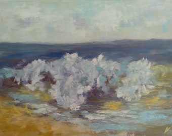 Original blue wave in the ocean oil painting, majestic ocean scene