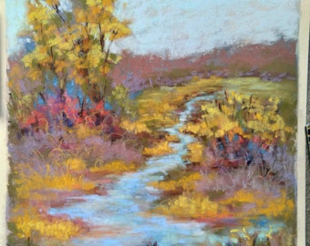 Original soft pastel river in the woods landscape painting, waterway landscape drawing