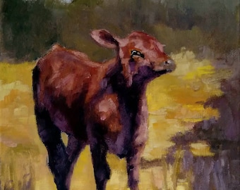 Original cow oil paintings, calf artwork, baby farm animal paintings