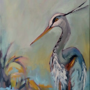 Original Blue heron oil painting, tall blue bird oil painting, waterbird art