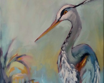Original Blue heron oil painting, tall blue bird oil painting, waterbird art