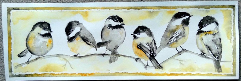 May include: Watercolor painting of six black and white birds with yellow accents perched on a branch. The birds are painted in a realistic style with delicate details.