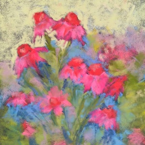 Original red coneflower pastel painting, red flower landscape artwork