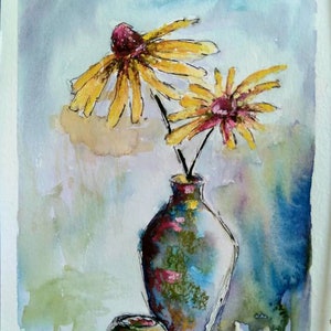 Original yellow echinacea flower pastel painting, floral artwork