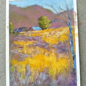 Original soft pastel house tops and grass meadow fall inspired landscape painting, yellow meadow  landscape drawing