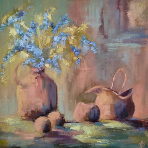 Original blue flower and vase oil painting, flower stilllife oil painting