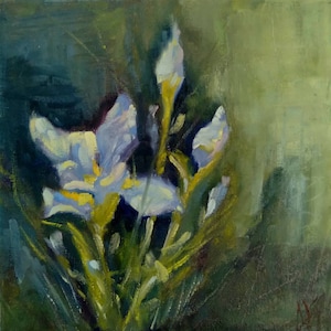 Original blue iris oil painting, iris flower artwork