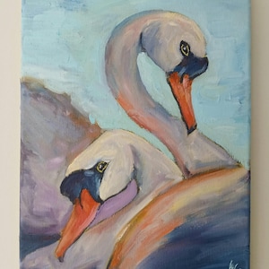 Original swan oil painting, waterfowl paintings, pink art