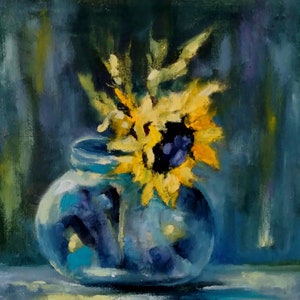 Original sunflower still life oil painting, yellow flower art, flower and vase painting