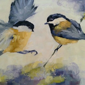 Original chickadee oil painting, chickadee bird painting, multiple chickadees on canvas