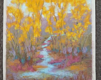 Original soft pastel river in the woods landscape painting, waterway landscape drawing
