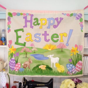 Happy Easter Banner, hand painted fabric Easter banner, Reusable Keepsake banner, Easter scene banner, Easter egg banner