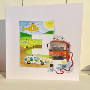 Carta iniziale del motore antincendio verniciato a mano. Carta pompiere. Carta dei servizi di emergenza. Carta personalizzata per bambini su misura. Carta ricordo
