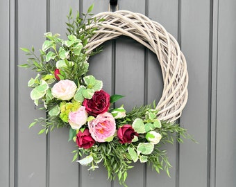 Spring Wreath Floral Wicker Wreath for Front Door, Mothers Day Gift for Entryway Wall Decor, Housewarming Gift for New Homeowner, Pink Rose