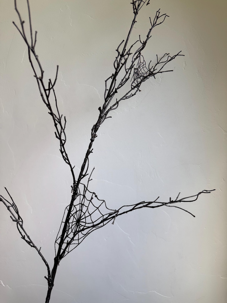 May include: A black decorative branch featuring multiple thin, bare twigs extending outward. Attached to the branch are two distinct, intricate black spider web designs, one positioned lower on the main stem and a smaller one near the top.
