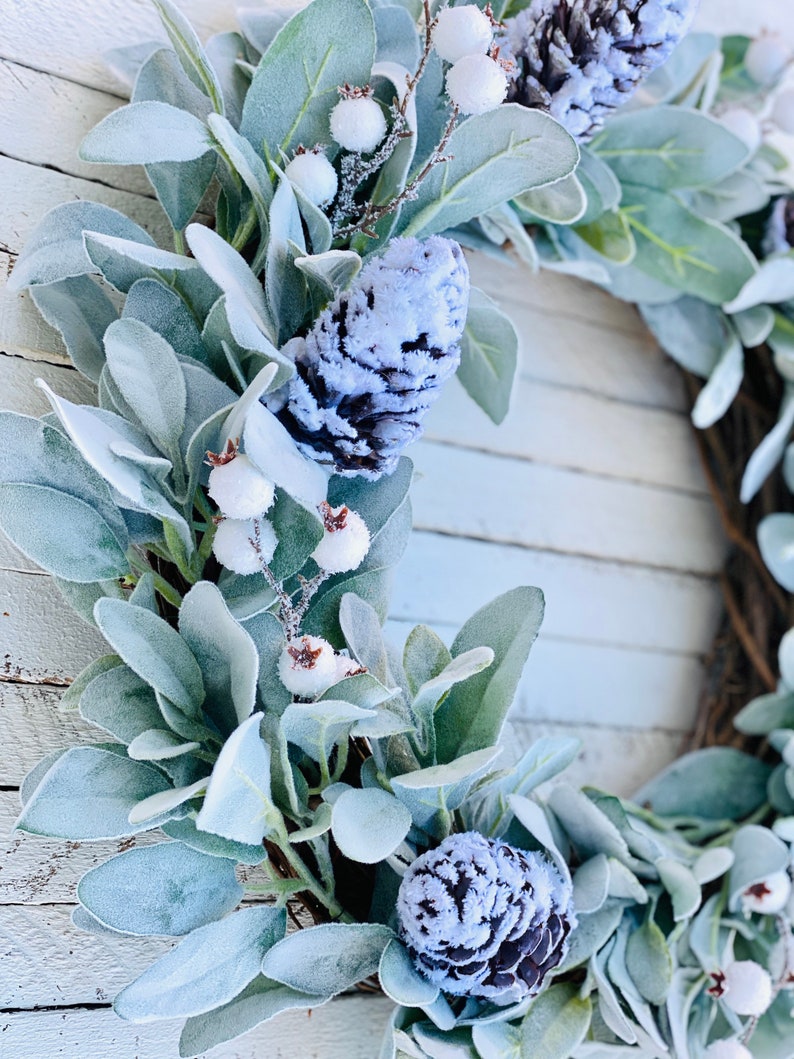 Winter Lambs Ear Wreath With Flocked Pinecones and White Etsy