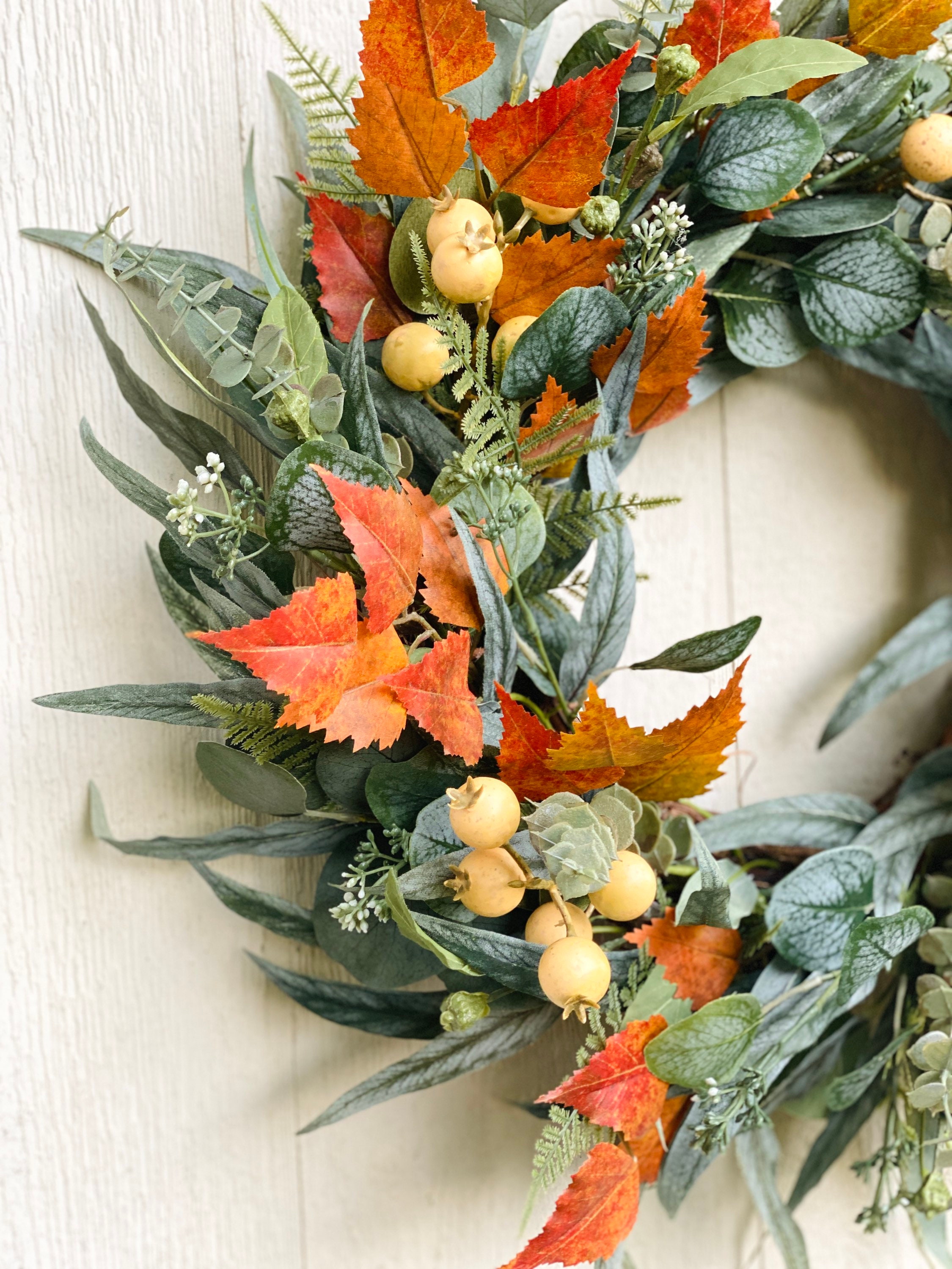 Fall Eucalyptus Wreath With Fall Foliage and Cream Berries | Etsy