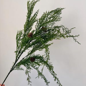May include: A green artificial cedar branch featuring multiple delicate, feathery needle-like sprigs and three small, brown, textured pinecones attached to the stems. The branch has a long, thin, dark green central stem that branches out into several smaller, flexible sections.