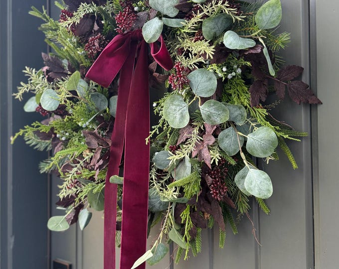 Elegant Artificial Christmas Wreath With Burgundy Velvet Bow ...