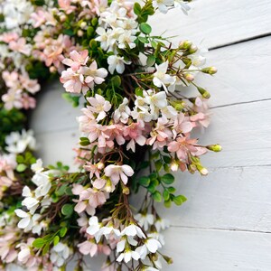 Pink and White Cottage Style Spring Floral Wreath for Front Door, Mini Flower Blossoms Wreath, Floral Mothers Day Gift Entryway Wall Decor image 7