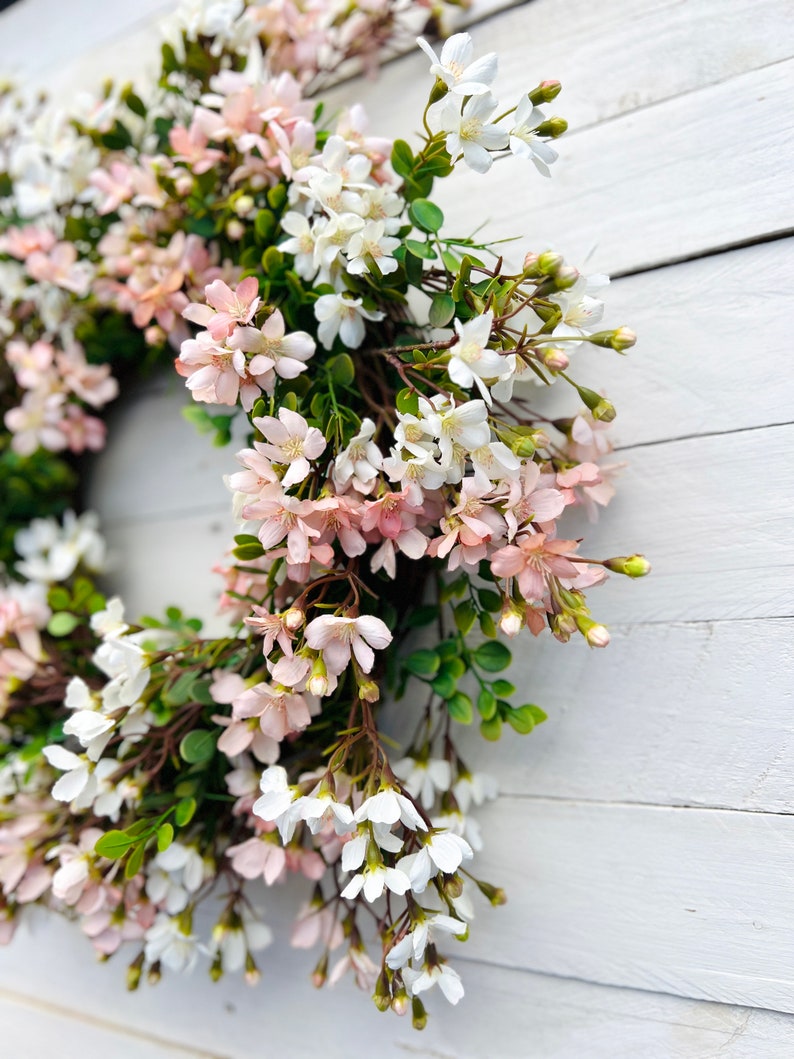 Pink and White Cottage Style Spring Floral Wreath for Front Door, Mini Flower Blossoms Wreath, Floral Mothers Day Gift Entryway Wall Decor image 7