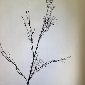 May include: A decorative black branch featuring multiple thin, bare twigs extending from a central stem. Two distinct, intricate black spider web patterns are attached between the branches, creating a detailed, dark, and branching structure.